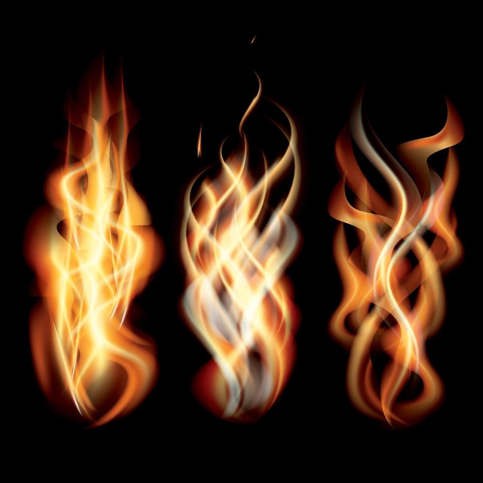 Realistic Burning Fire Flames Set. vector