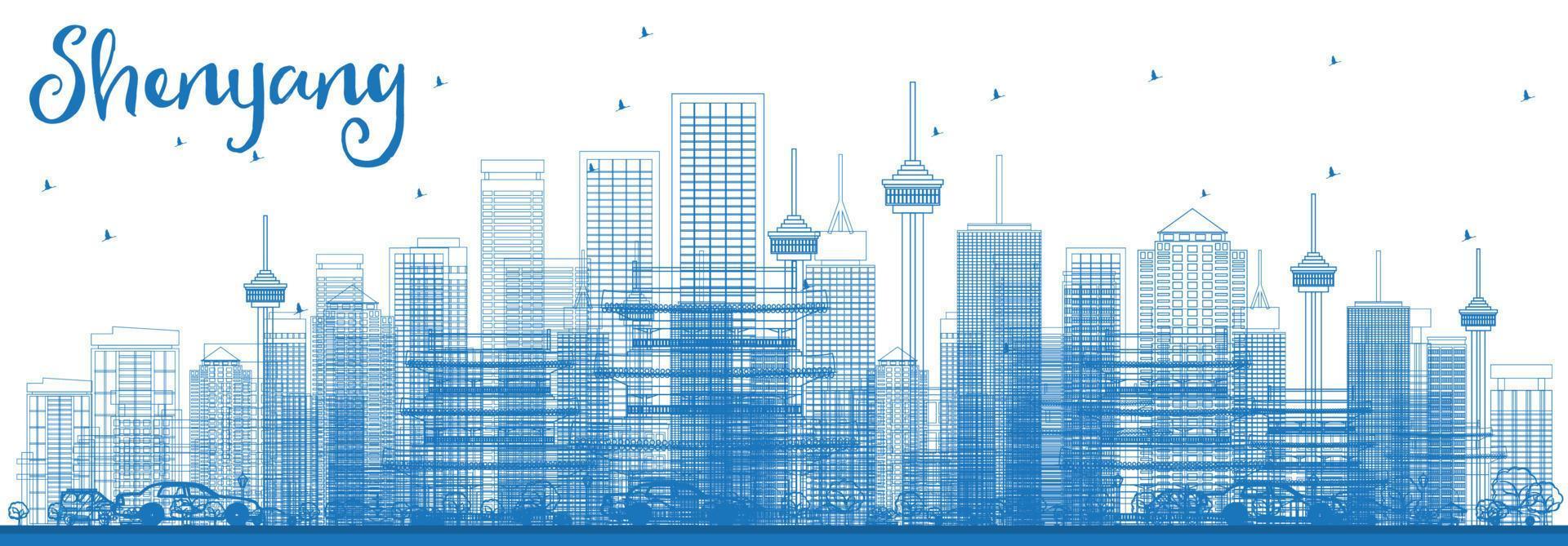 Outline Shenyang Skyline with Blue Buildings. vector