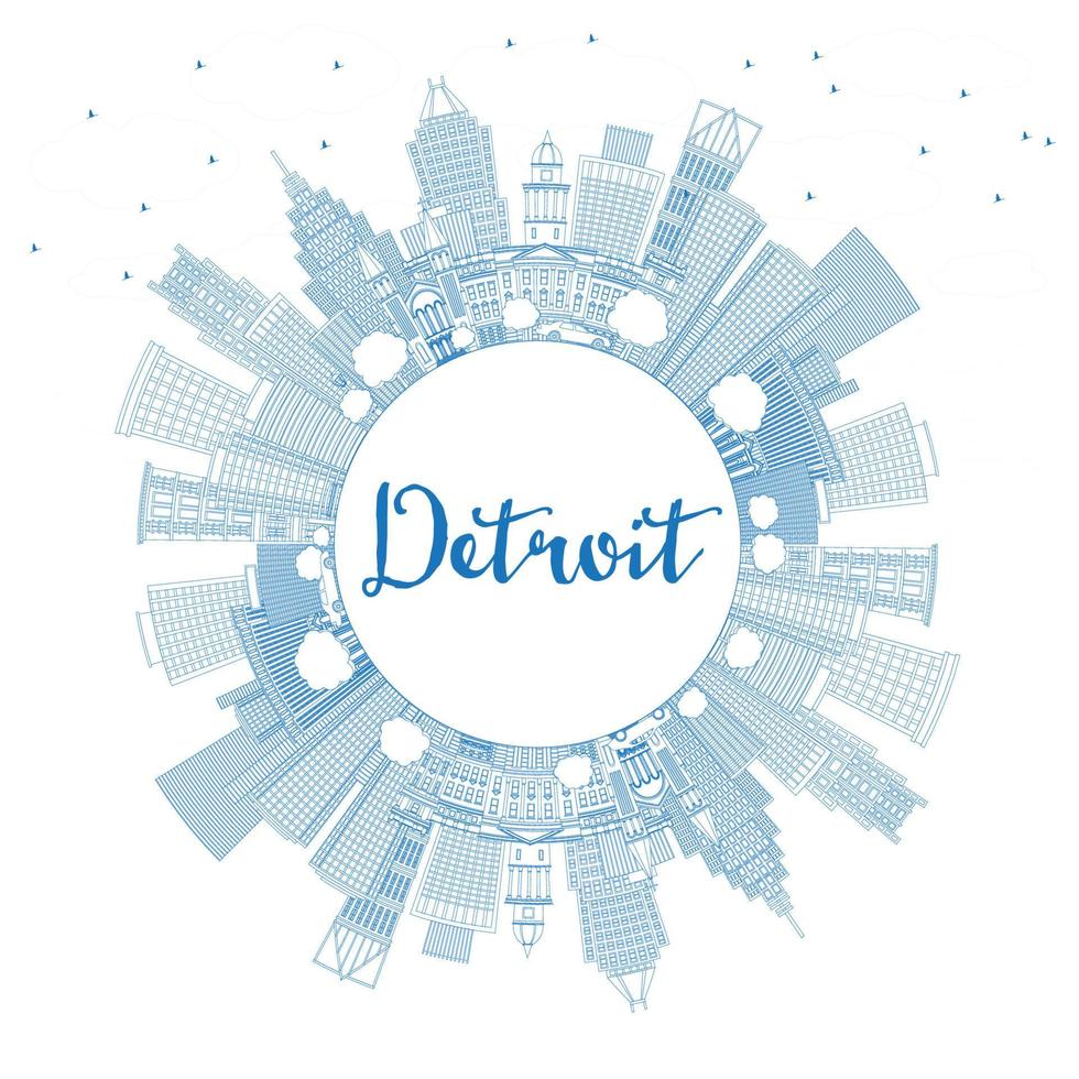 Outline Detroit Michigan USA City Skyline with Blue Buildings and Copy Space. vector