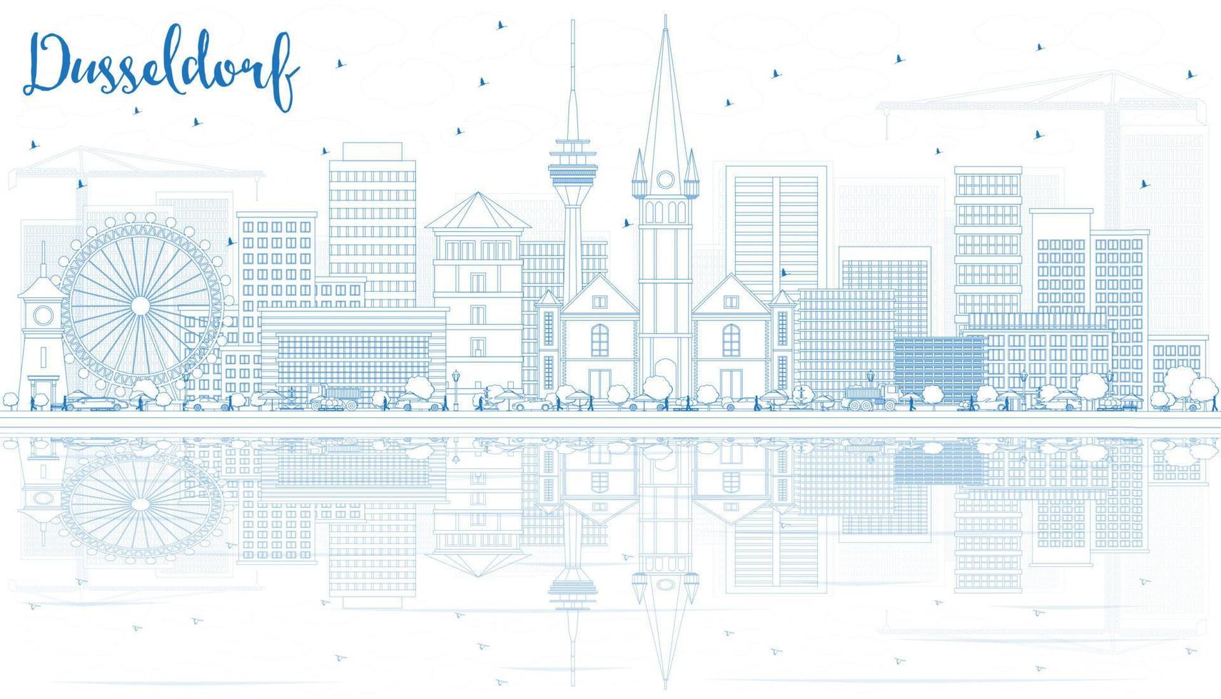 Outline Dusseldorf Skyline with Blue Buildings and Reflections. vector