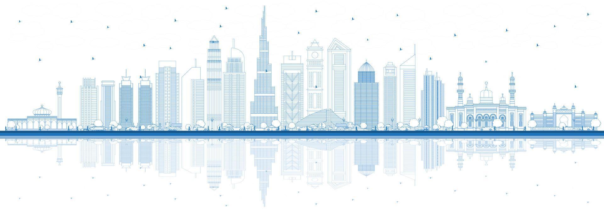 Outline Dubai UAE City Skyline with Blue Buildings and Reflections. vector