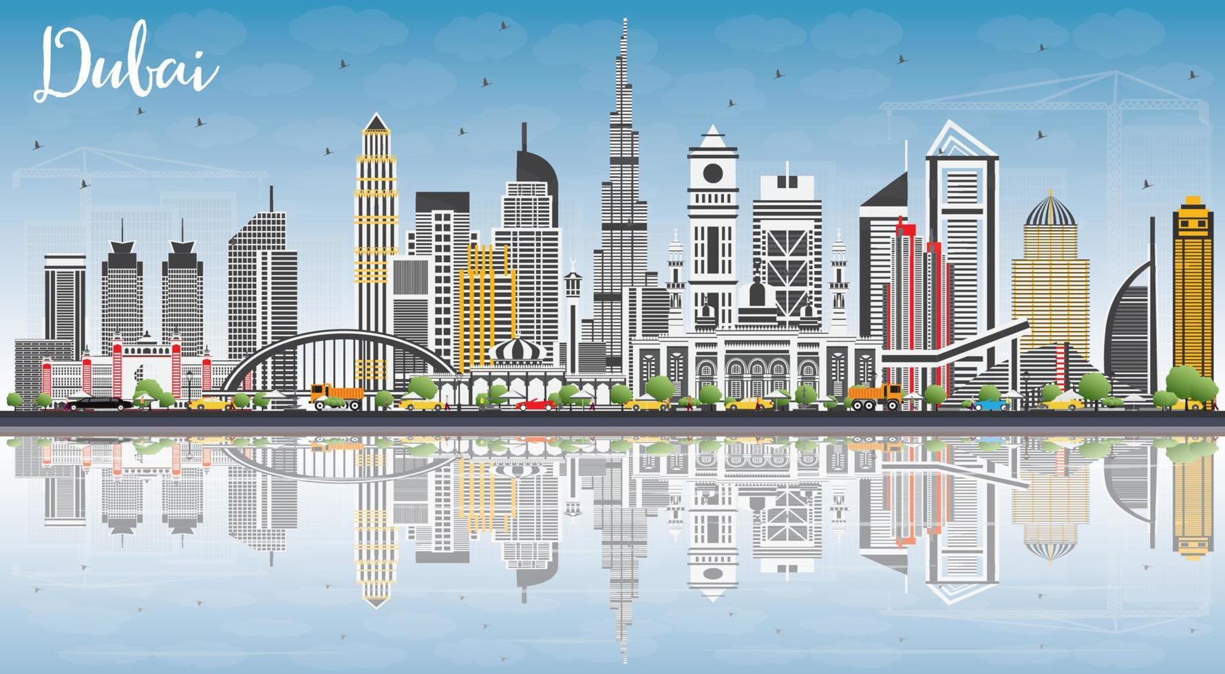 Dubai UAE Skyline with Gray Buildings, Blue Sky and Reflections. vector