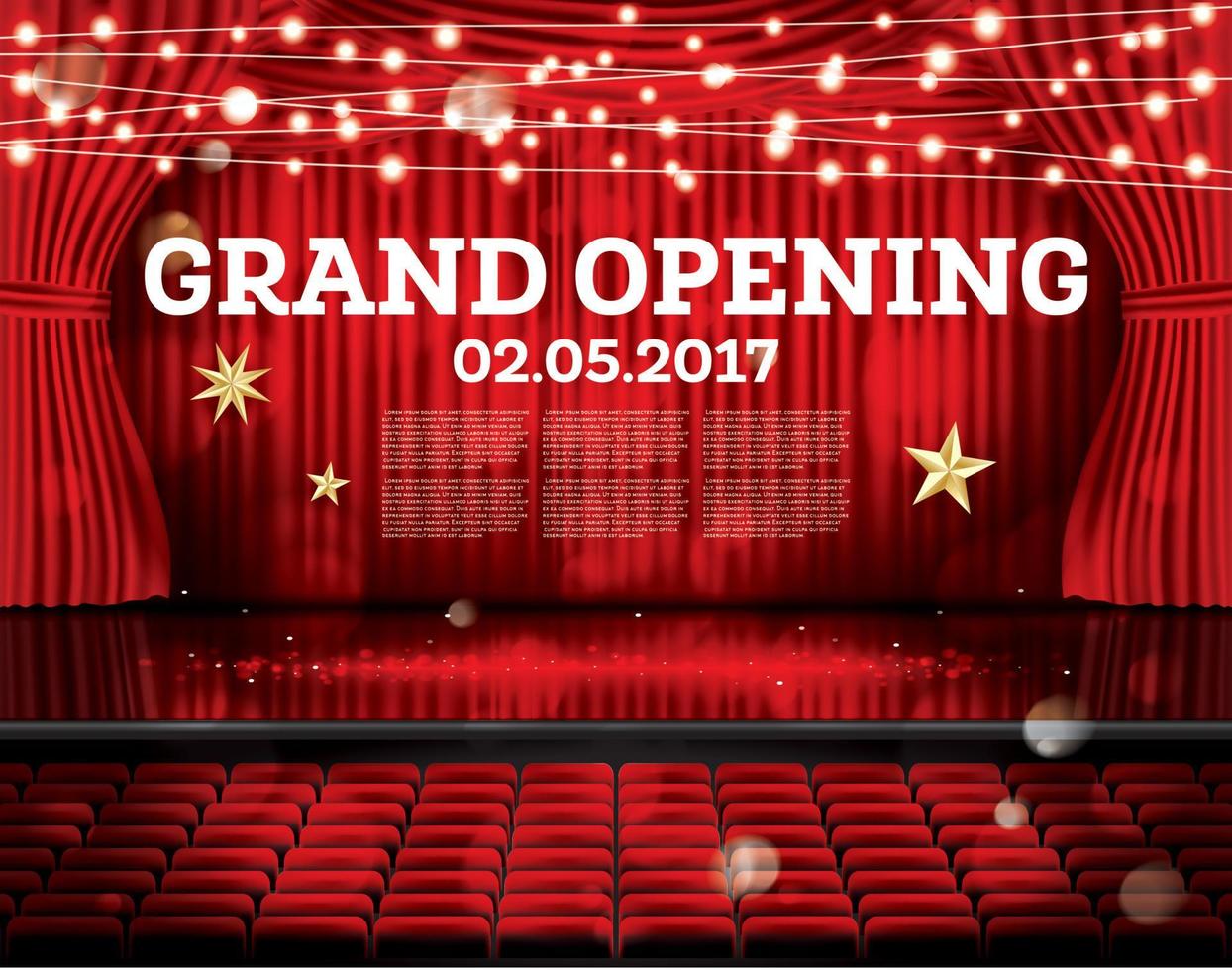 Grand Opening. Open Red Curtains with Neon Lights. vector