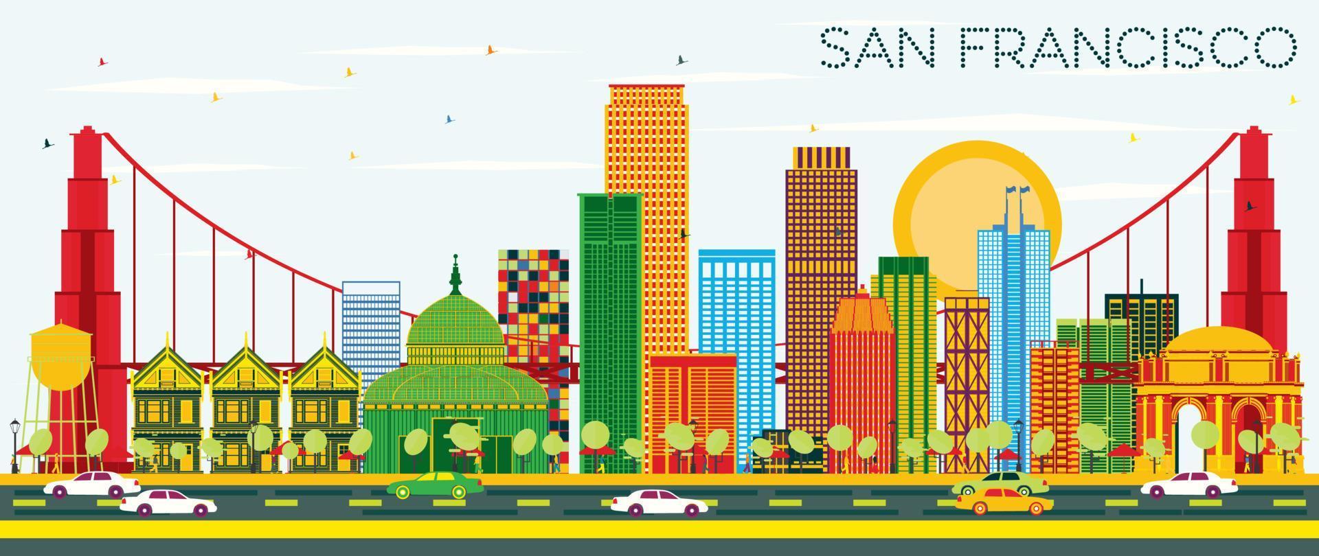 San Francisco Skyline with Color Buildings and Blue Sky. vector