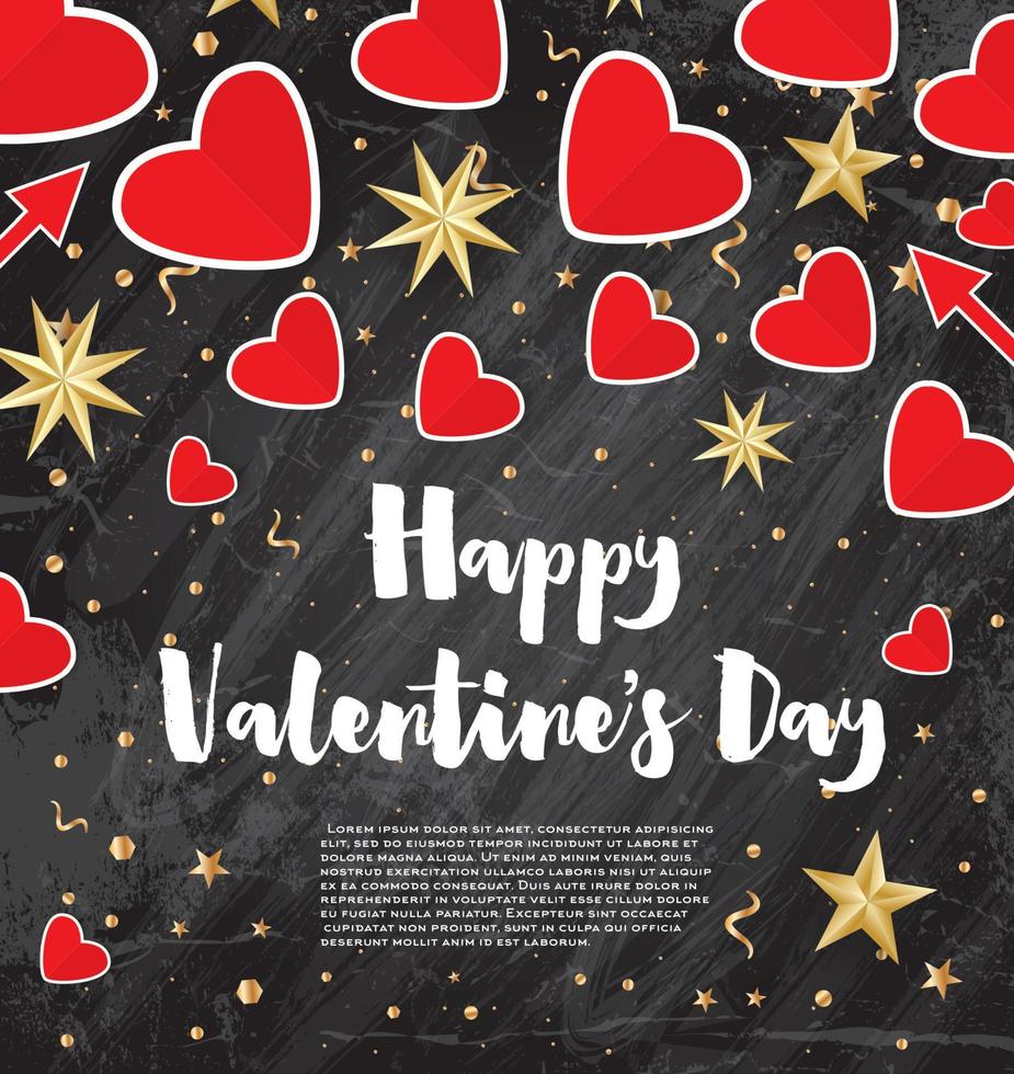 Valentine's Day Card with Red Hearts and Golden Stars. vector