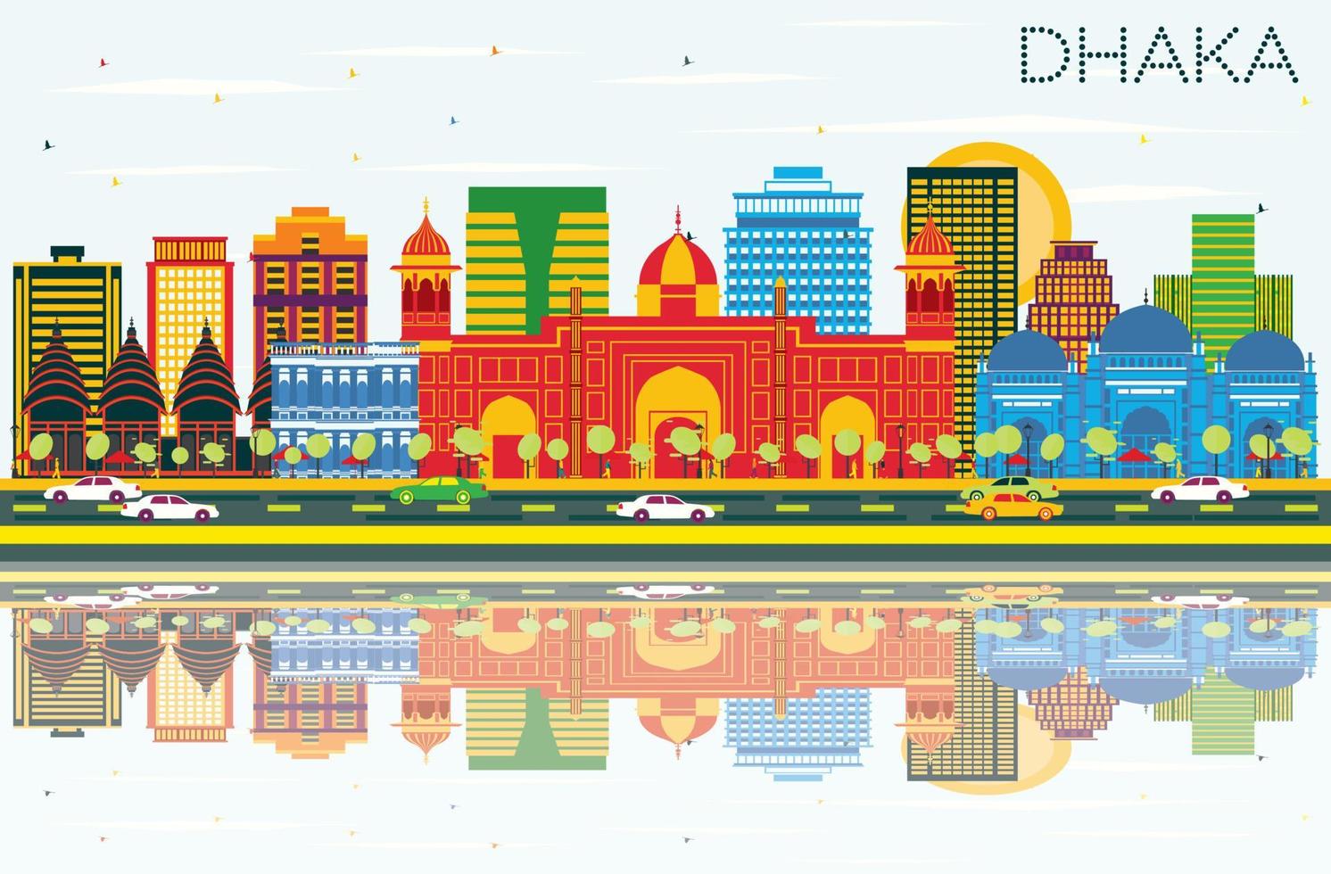 horizonte de dhaka con edificios de color, cielo azul y reflejos. vector