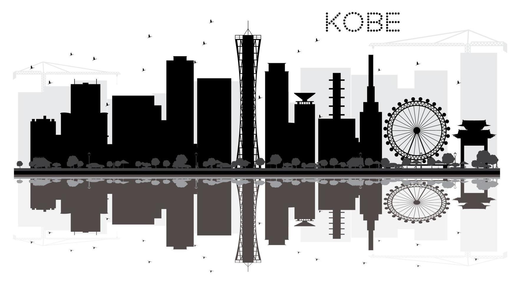 Kobe City skyline black and white silhouette with reflections. vector