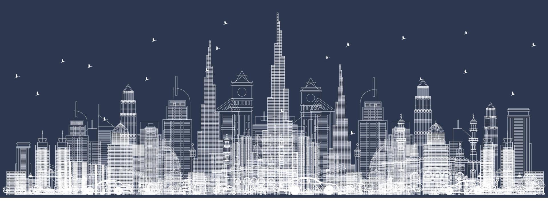 delinear el horizonte de dubai con los rascacielos de la ciudad. vista frontal a través de edificios. vector