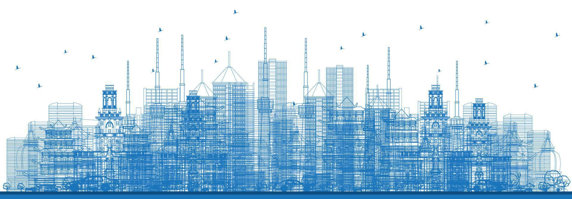 Outline City Skyscrapers and Buildings in Blue Color. vector