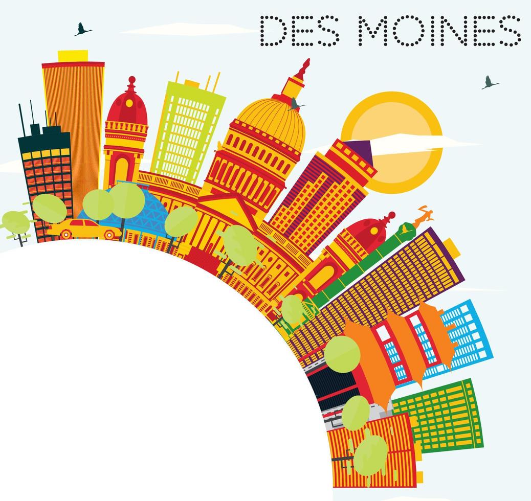 Des Moines Skyline with Color Buildings, Blue Sky and Copy Space. vector