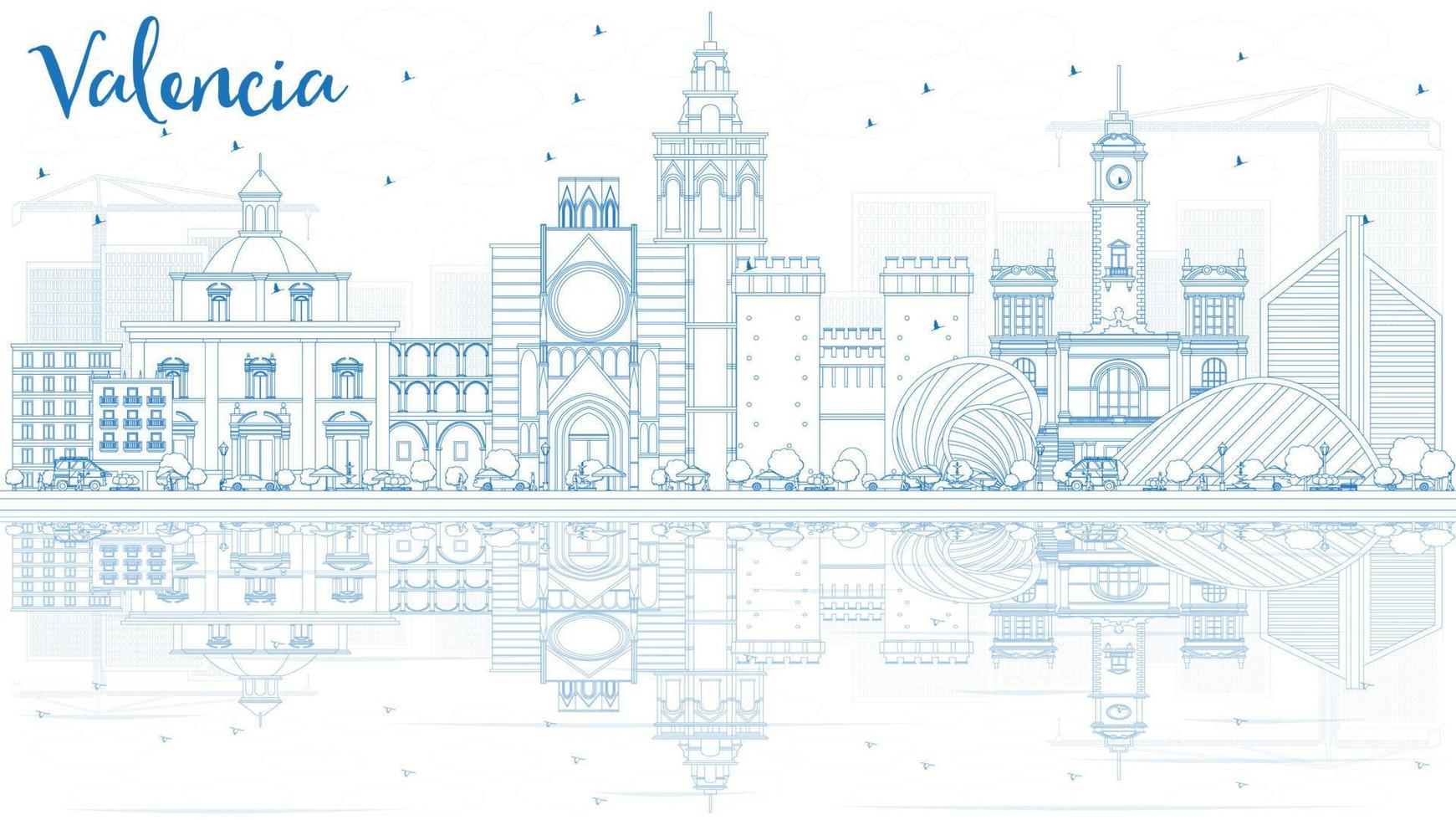 Outline Valencia Skyline with Blue Buildings and Reflections. vector