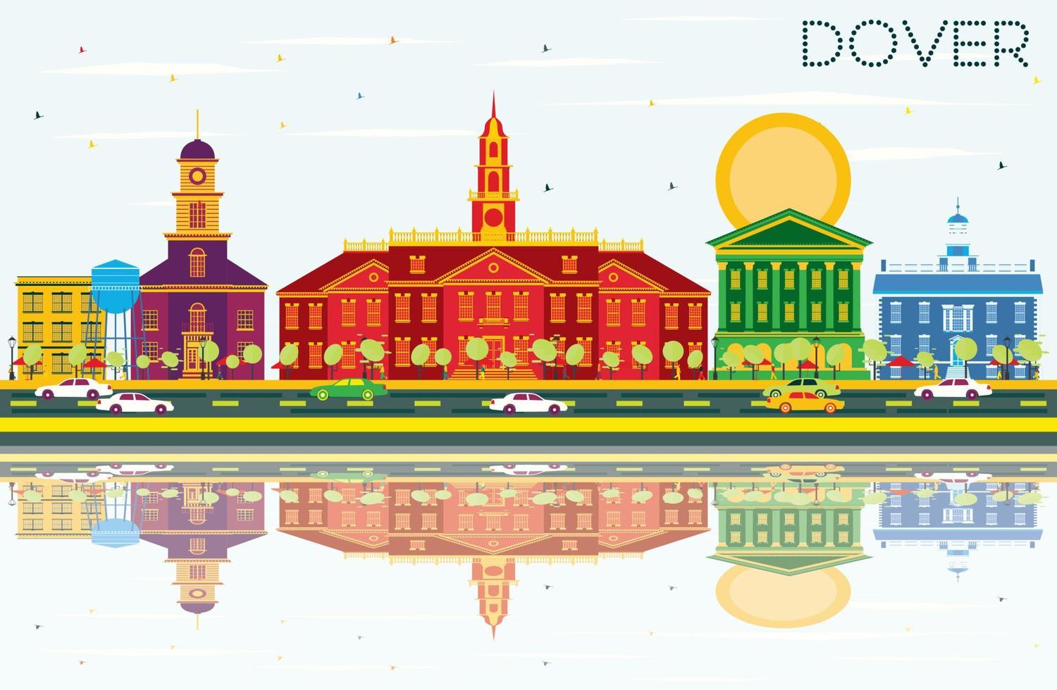 Dover Skyline with Color Buildings, Blue Sky and Reflections. vector
