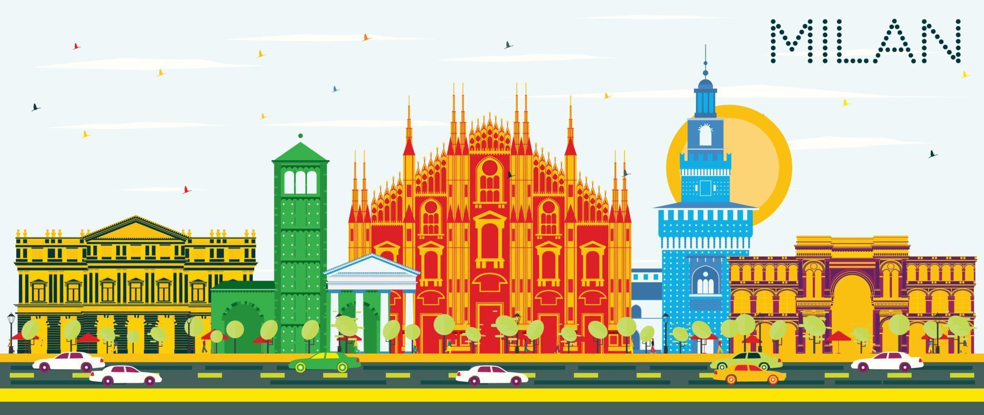 Milan Skyline with Color Landmarks and Blue Sky. vector