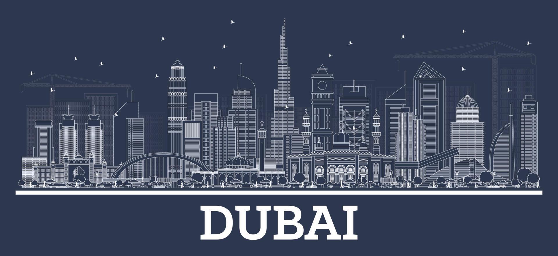 delinear el horizonte de dubai emiratos árabes unidos con arquitectura moderna. vector