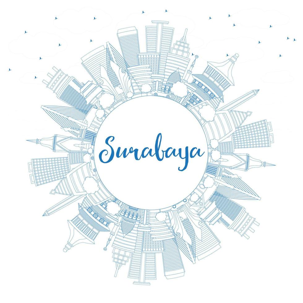 Outline Surabaya Skyline with Blue Buildings and Copy Space. vector