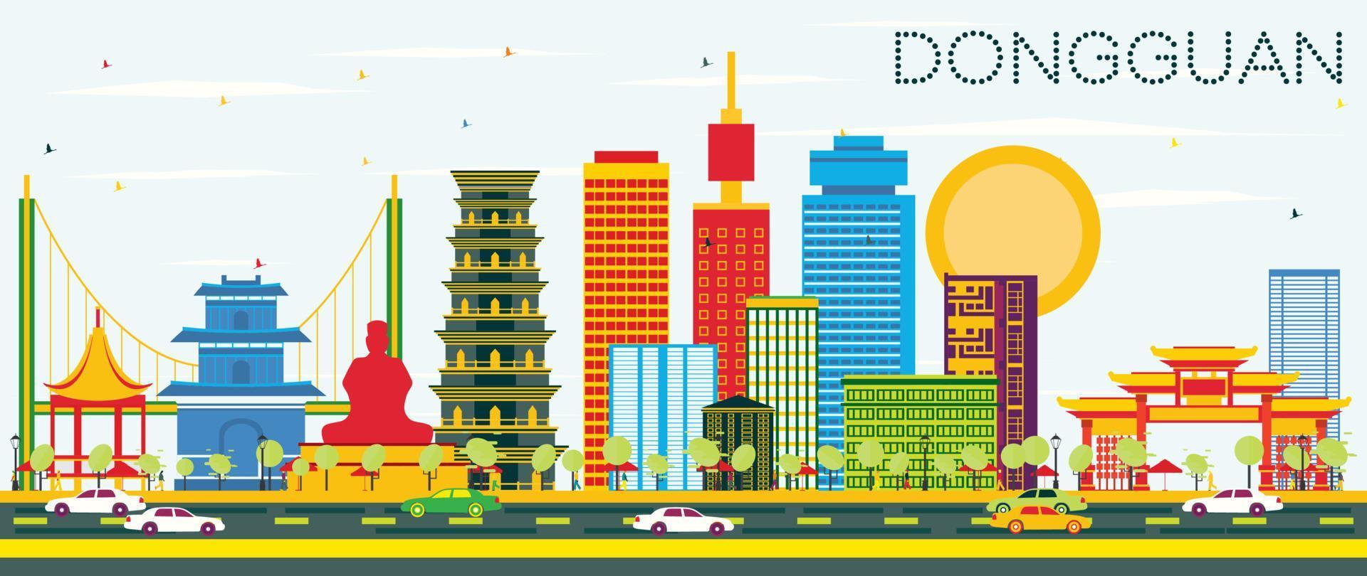 Dongguan Skyline with Color Buildings and Blue Sky. vector