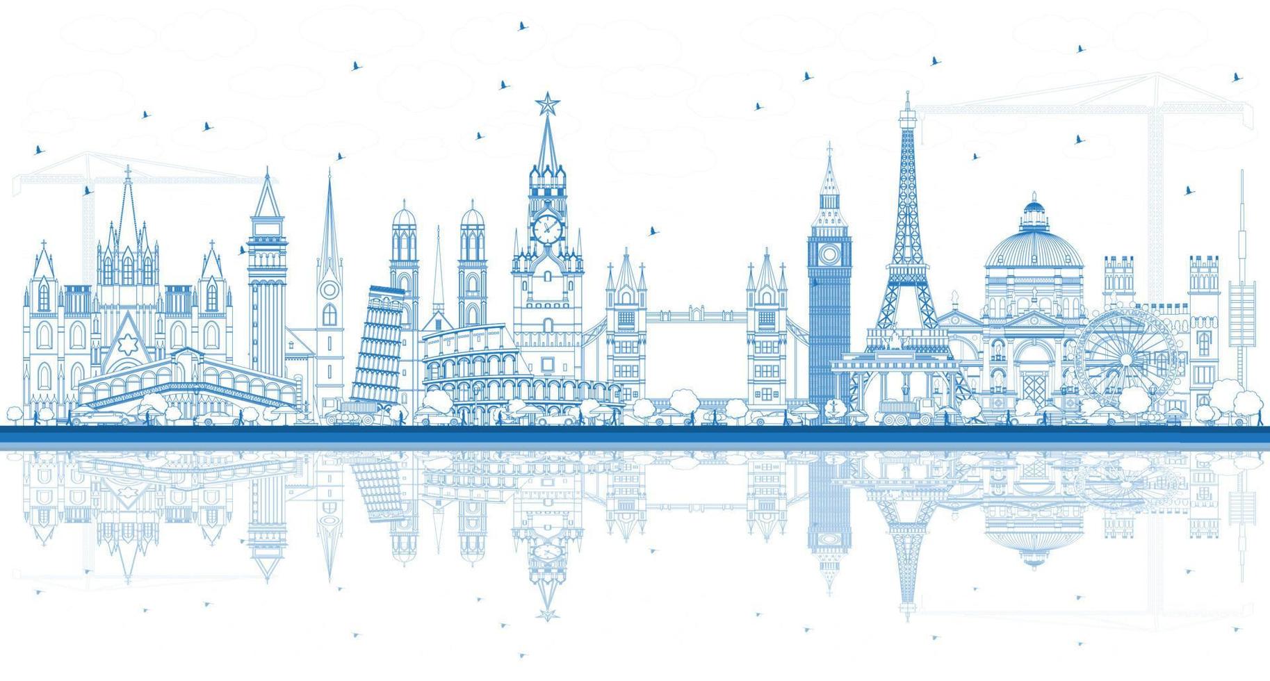 Outline Famous Landmarks in Europe with Reflections. vector