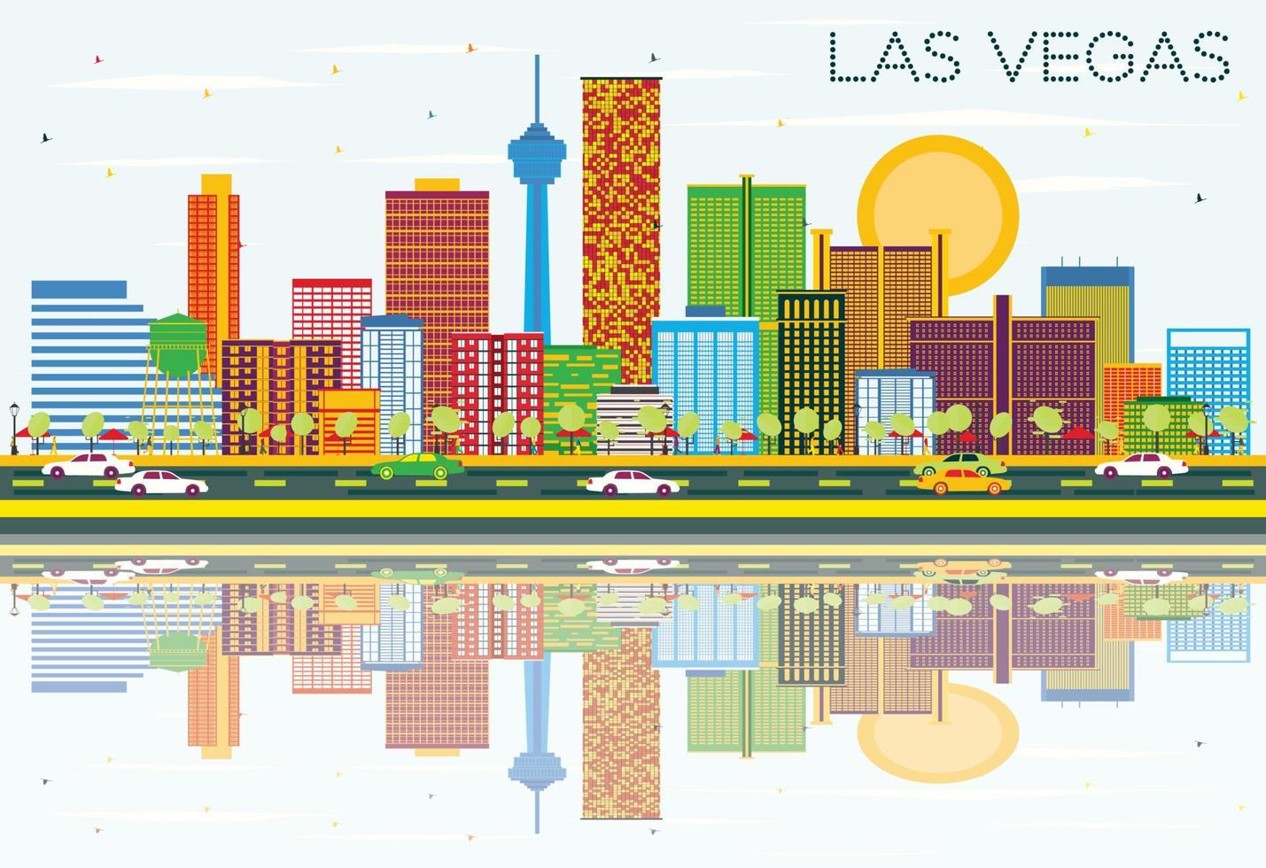 horizonte de las vegas con edificios de color, cielo azul y reflejos. vector