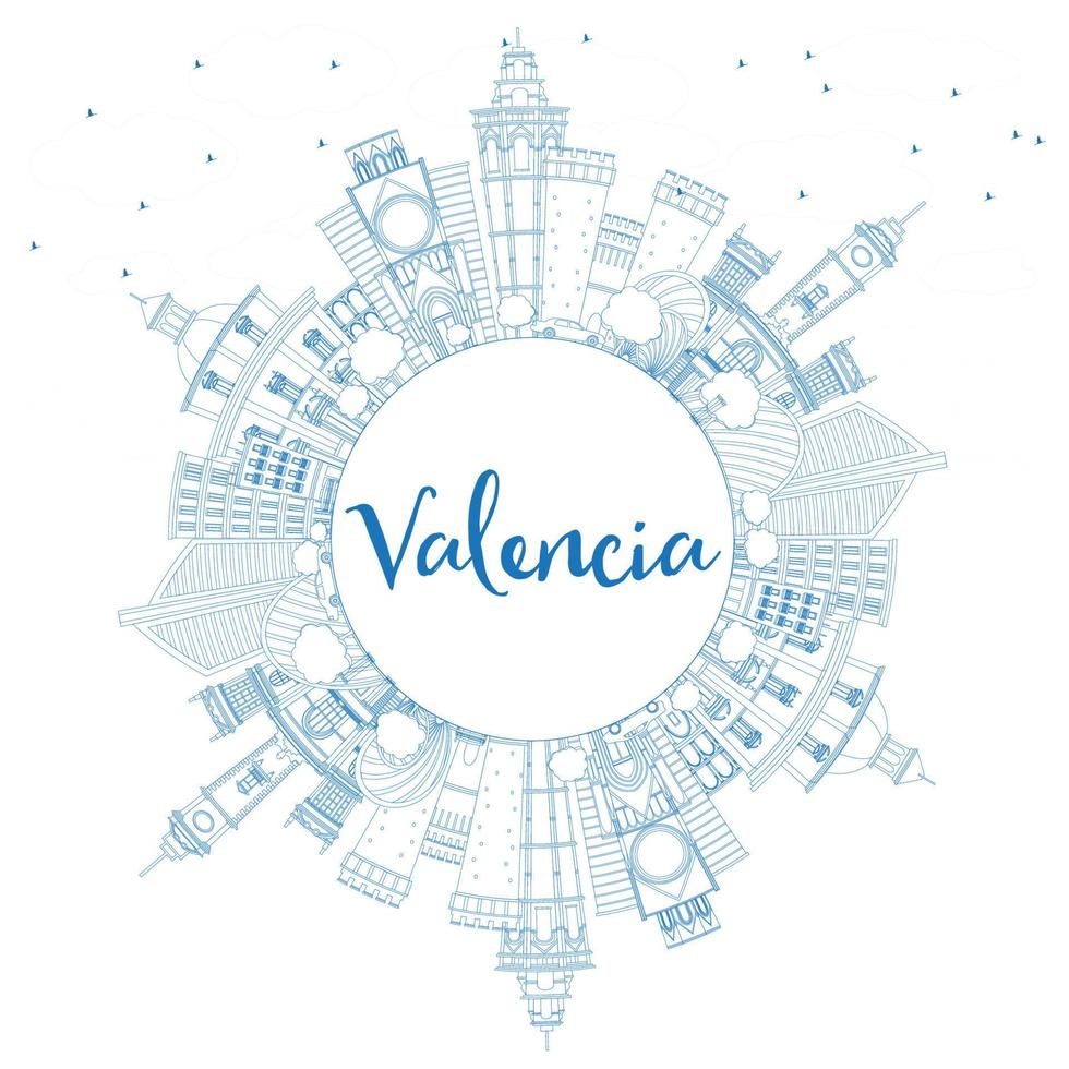 Outline Valencia Skyline with Blue Buildings and Copy Space. vector