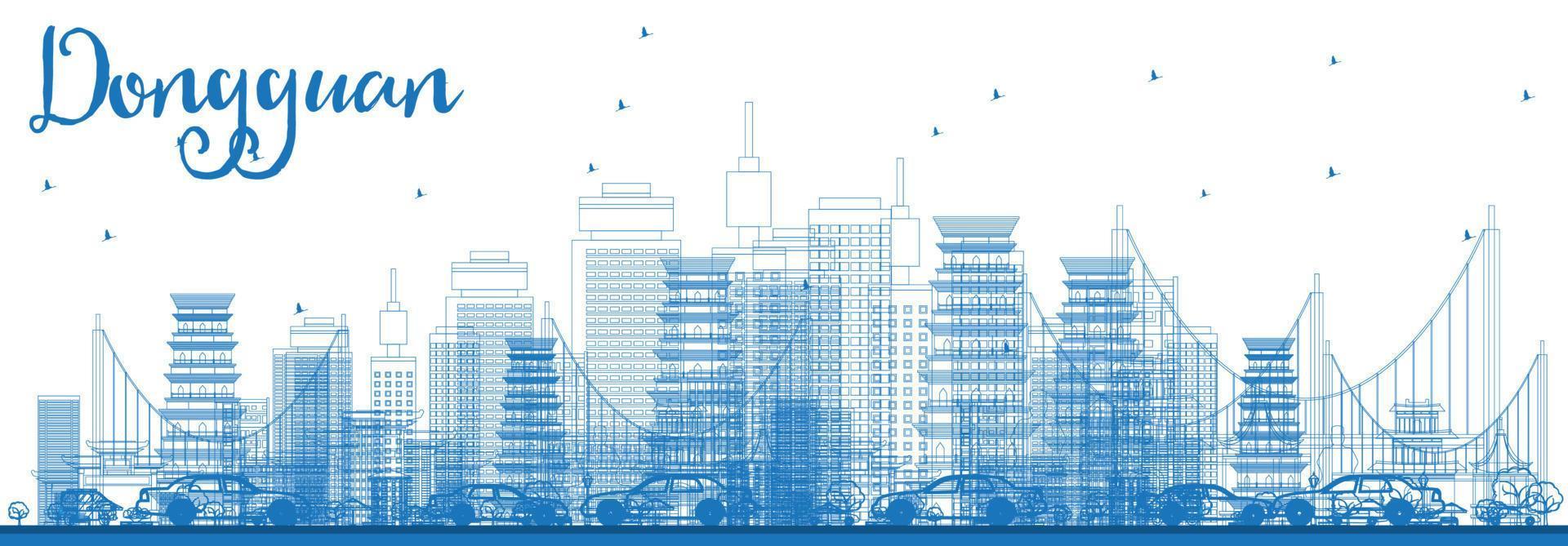 delinear el horizonte de dongguan con edificios azules. vector