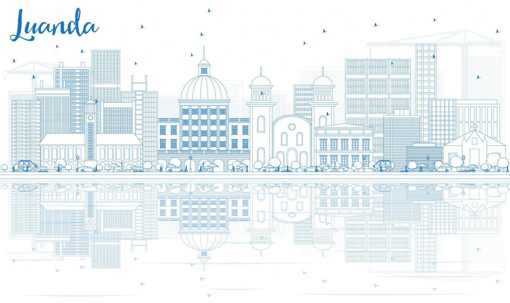 Outline Luanda Skyline with Blue Buildings and Reflections. vector