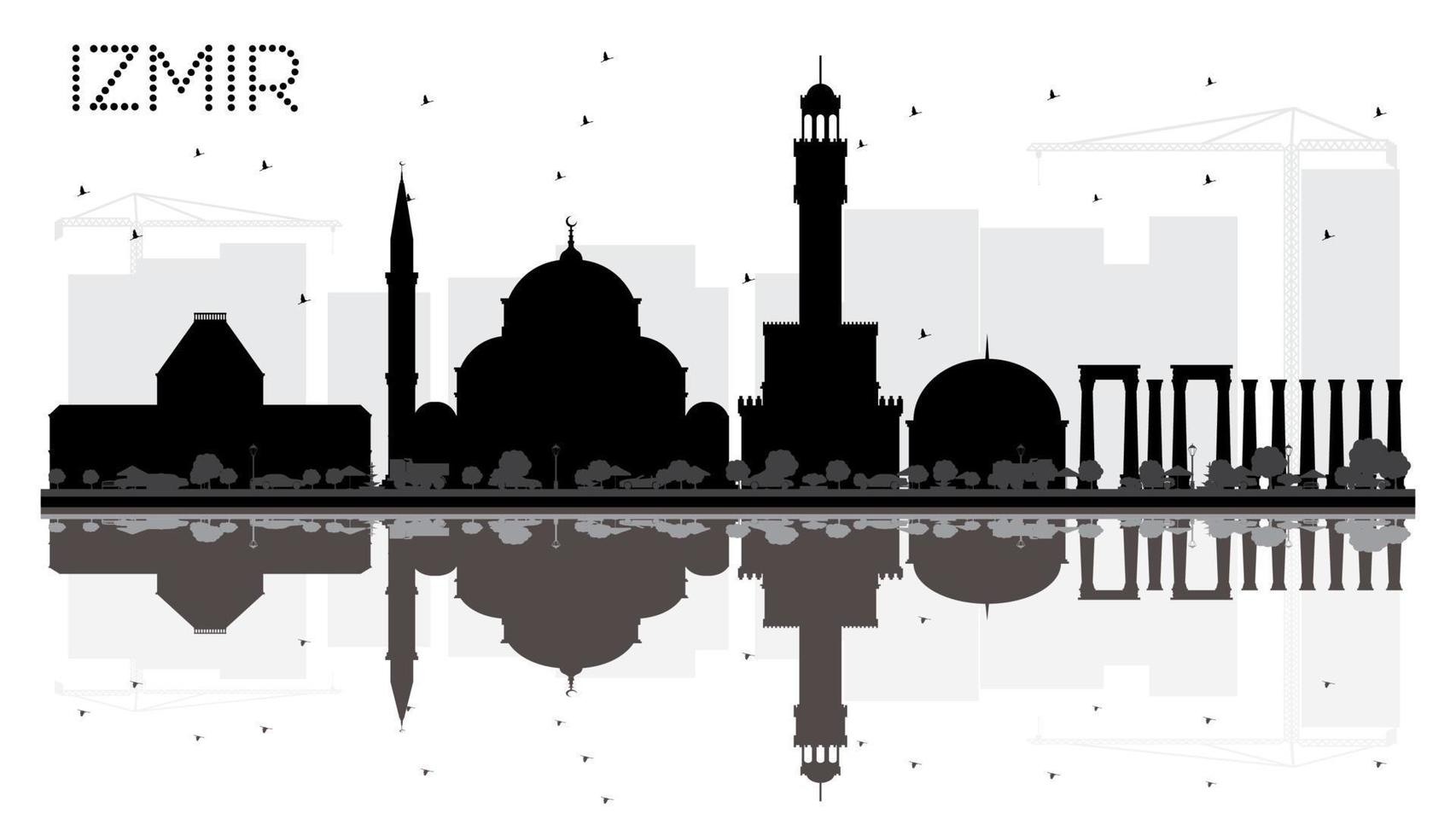 Izmir Turkey City Skyline Black and White Silhouette with Reflections. vector