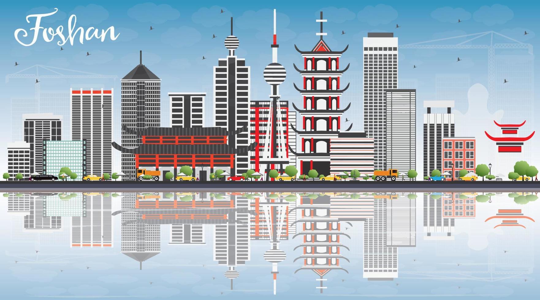 Foshan Skyline with Gray Buildings, Blue Sky and Reflections. vector