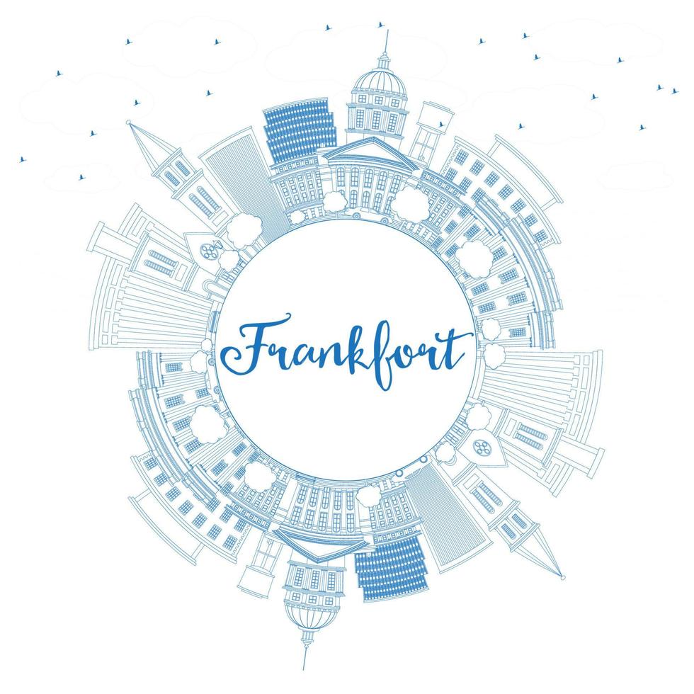 Outline Frankfort Skyline with Blue Buildings and Copy Space. vector