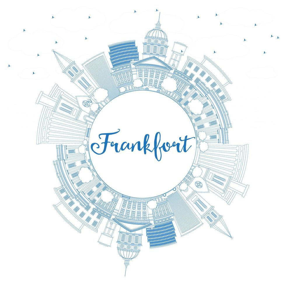 Outline Frankfort Skyline with Blue Buildings and Copy Space. vector