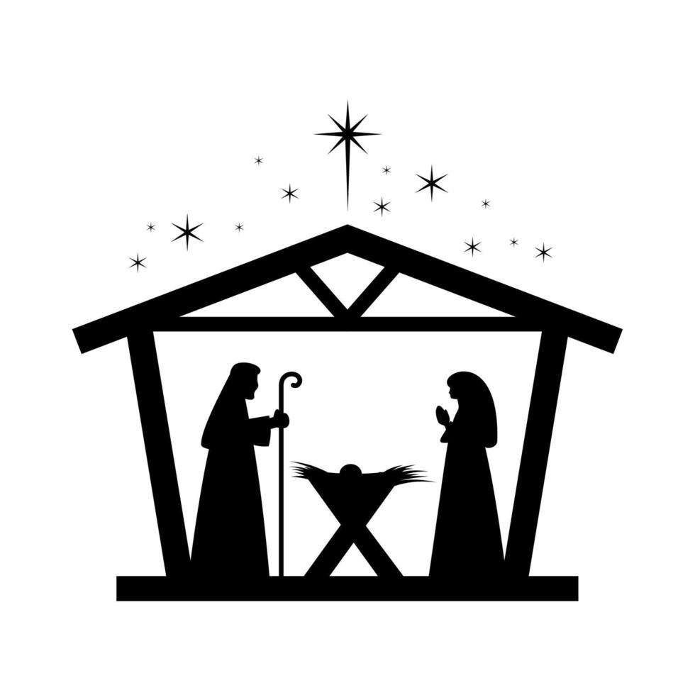 Christmas nativity scene with baby Jesus, Mary and Joseph in the manger.Traditional christian christmas story. Vector illustration for children.