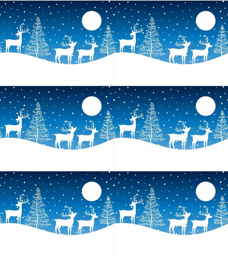 Seamless Merry Christmas pattern with deers, winter abstraction. Forest background. Endless horizontal banner with Reindeers in snow. Hand drawn paper decorative elements, vector illustration.