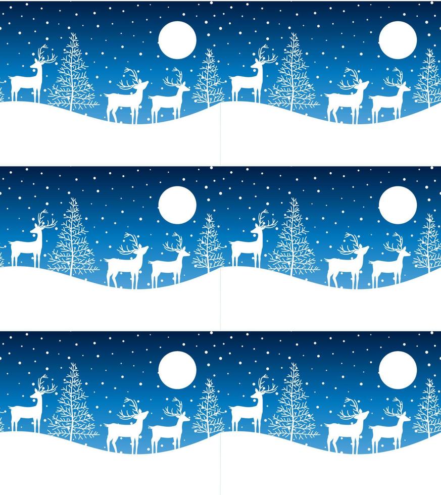 Seamless Merry Christmas pattern with deers, winter abstraction. Forest background. Endless horizontal banner with Reindeers in snow. Hand drawn paper decorative elements, vector illustration.