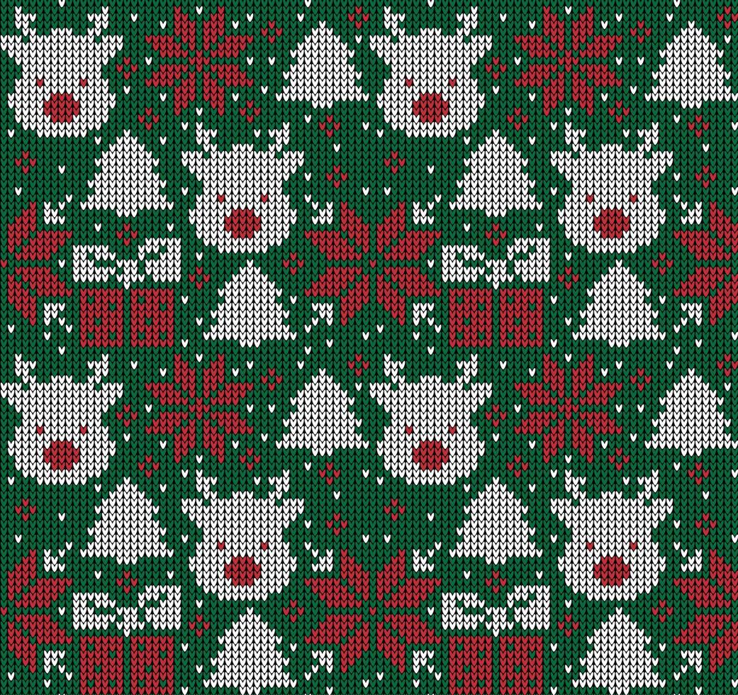 Knitted Christmas and New Year pattern. Wool Knitting Sweater Design. Wallpaper wrapping paper textile print. Eps 10 vector