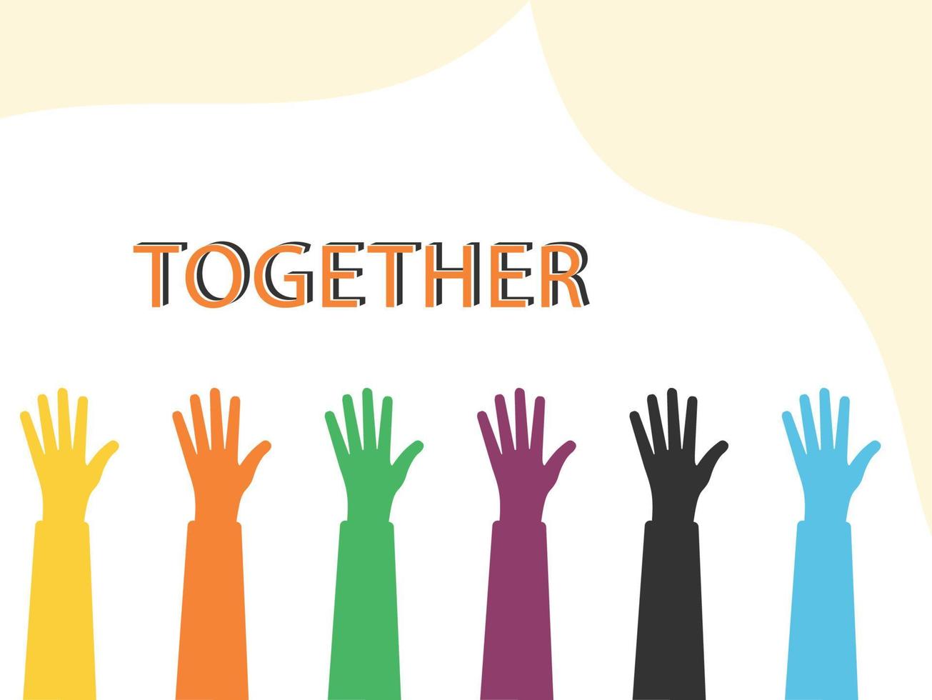 Hands of diverse group of people putting together. Cooperation, togetherness, partnership, agreement, teamwork, vector