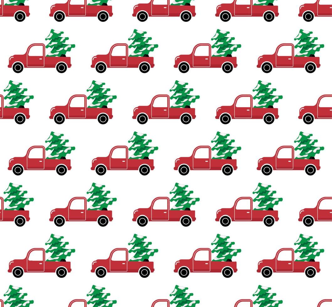 Seamless christmas pattern cabriolet carrying christmas tree vector