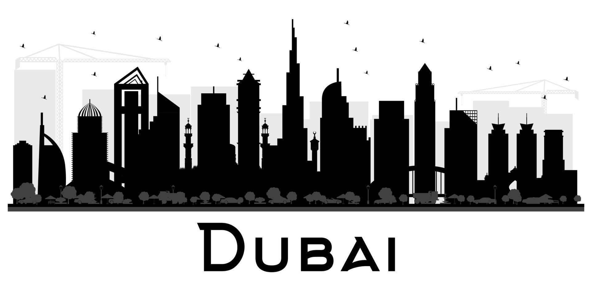 silueta en blanco y negro del horizonte de la ciudad de Dubai, Emiratos Árabes Unidos. vector