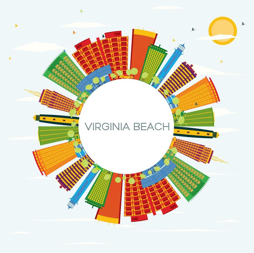 el horizonte de la playa de virginia con edificios de color, cielo azul y espacio para copiar. vector