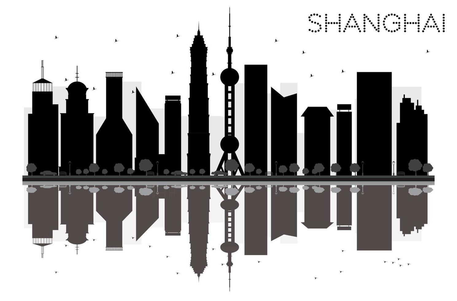 silueta en blanco y negro del horizonte de la ciudad de shanghai con reflejos. vector