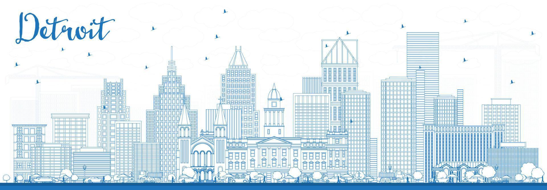 delinear el horizonte de detroit con edificios azules. vector