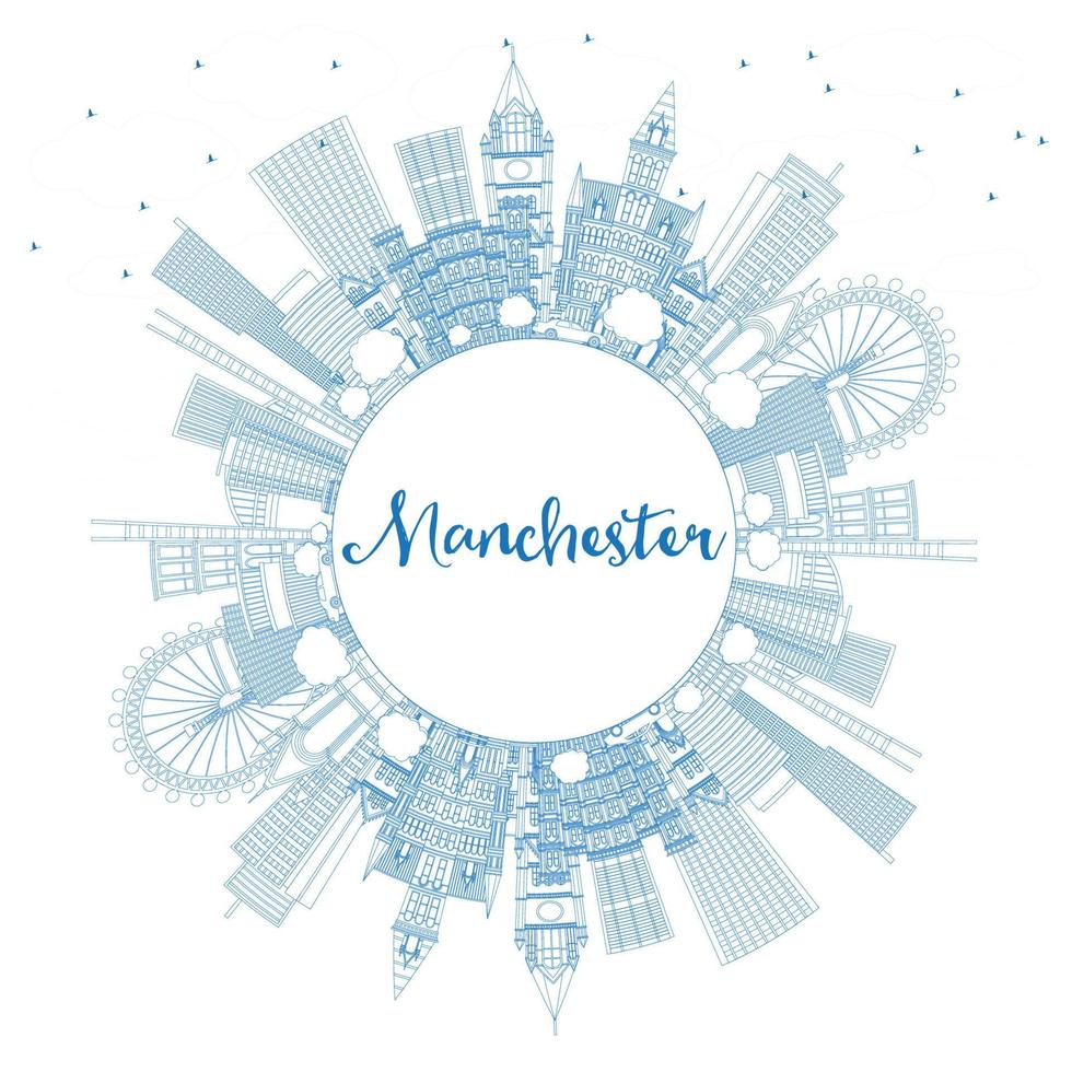 Outline Manchester England City Skyline with Blue Buildings and Copy Space. vector