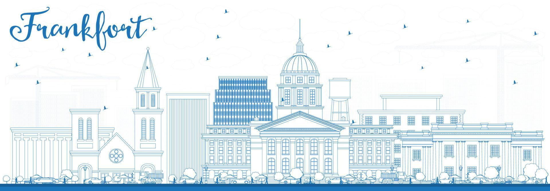 Outline Frankfort Skyline with Blue Buildings. vector