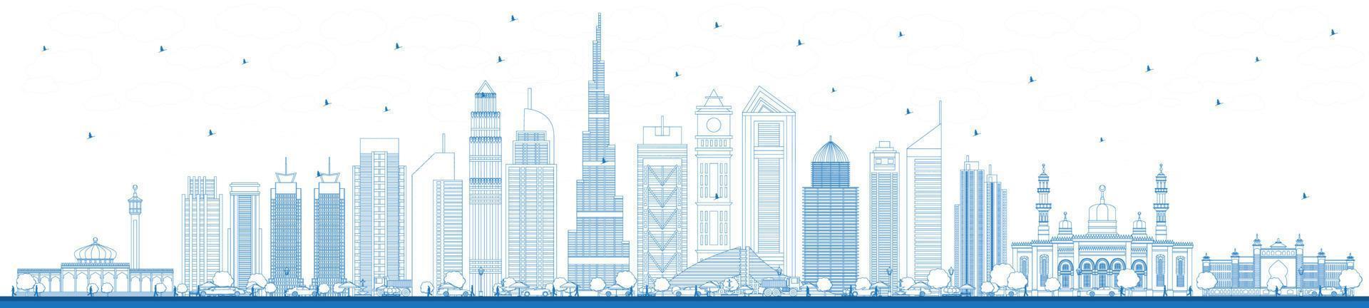 Outline Dubai UAE City Skyline with Blue Buildings. vector