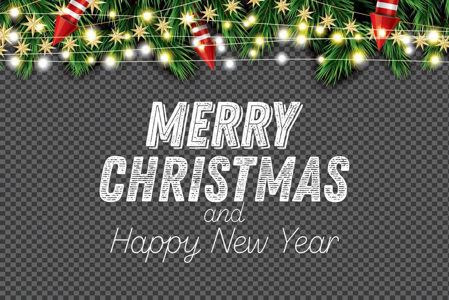 Fir Branch with Neon Lights String, Golden Stars and Rockets on Transparent Background. vector