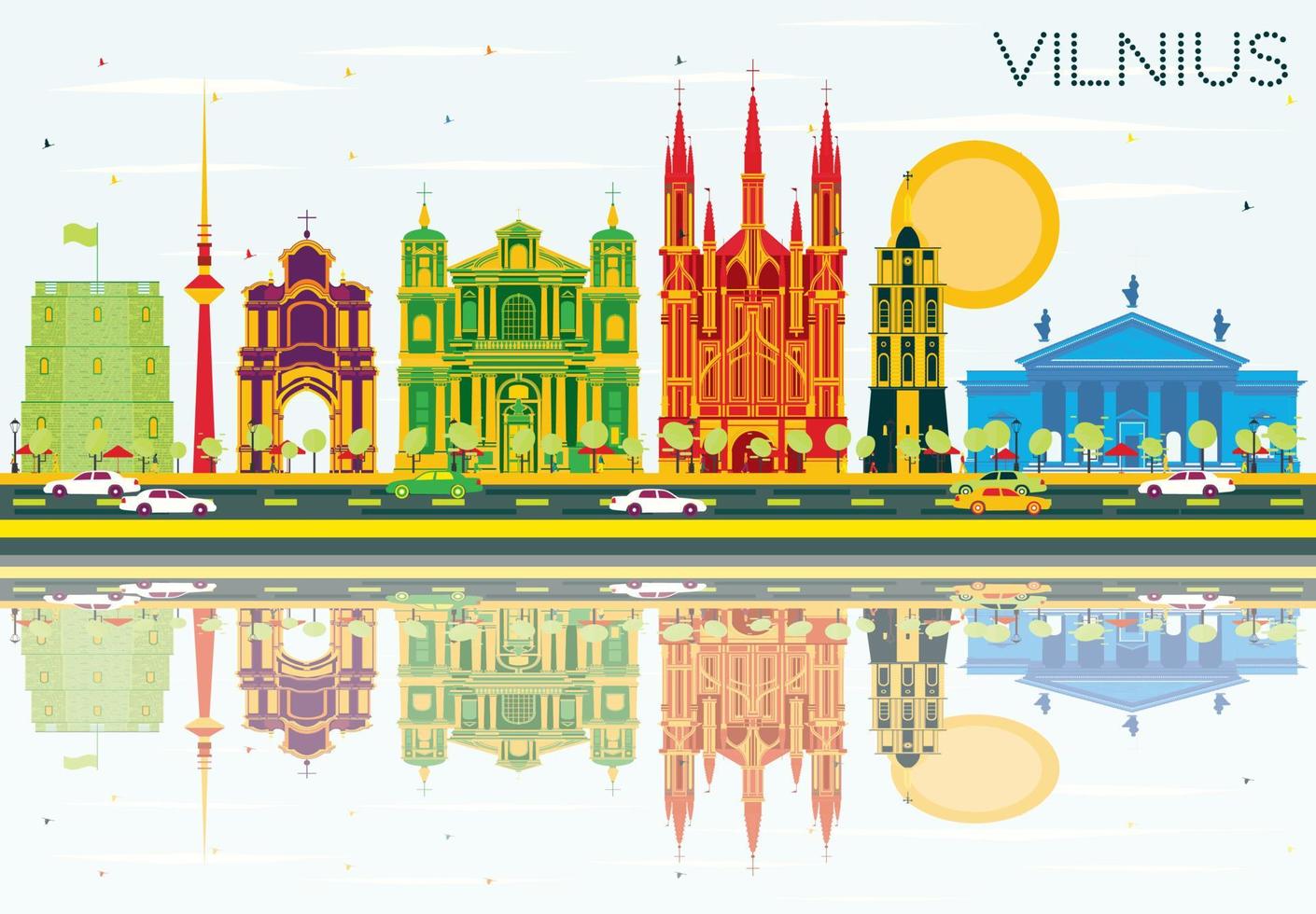 Vilnius Skyline with Color Buildings, Blue Sky and Reflections. vector