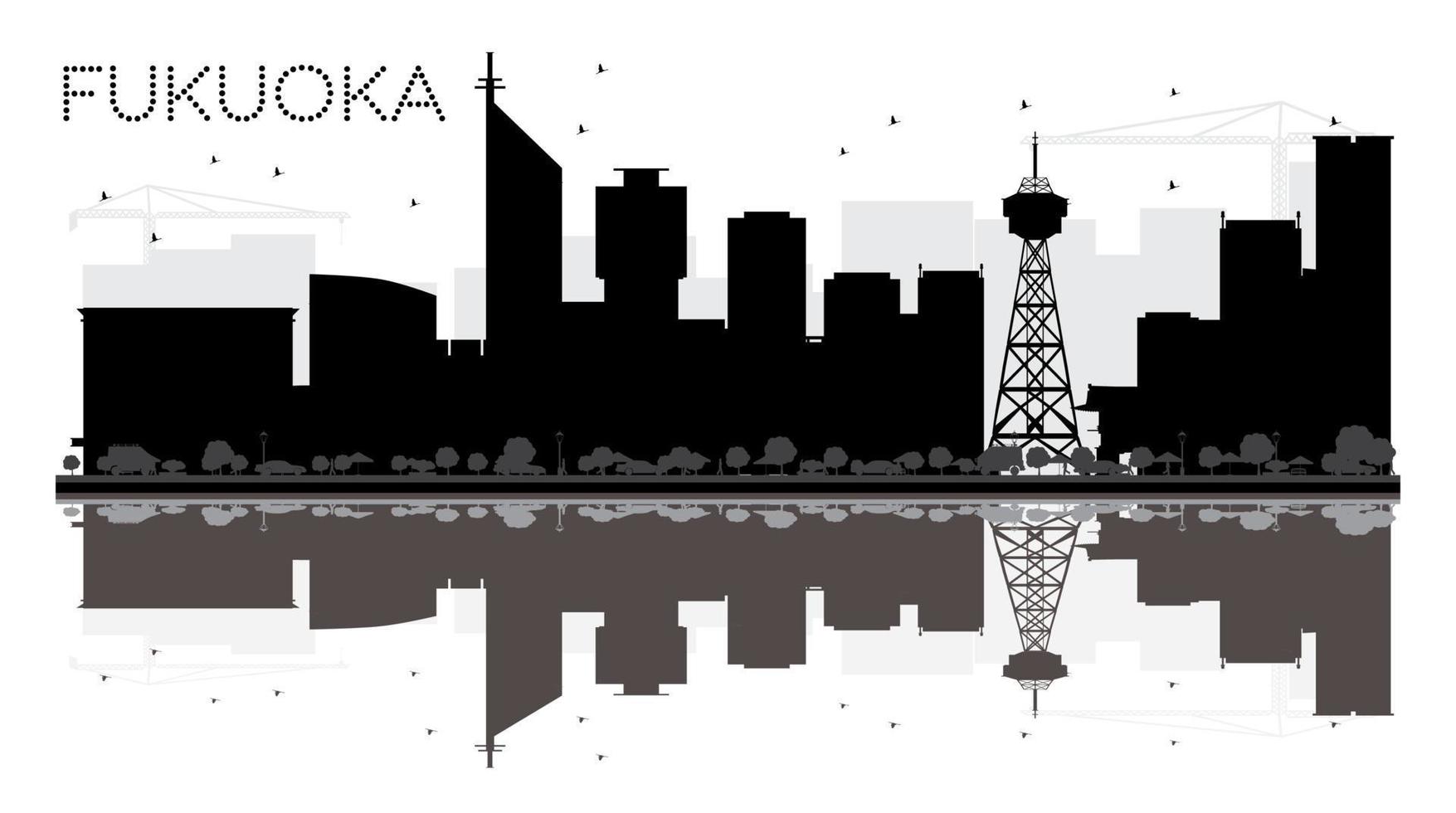 silueta en blanco y negro del horizonte de la ciudad de fukuoka con reflejos. vector