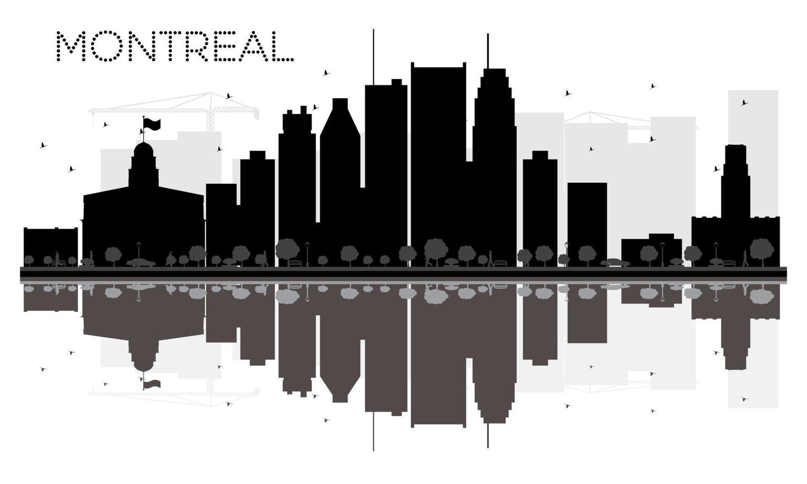 Silueta en blanco y negro del horizonte de la ciudad de Montreal con reflejos. vector