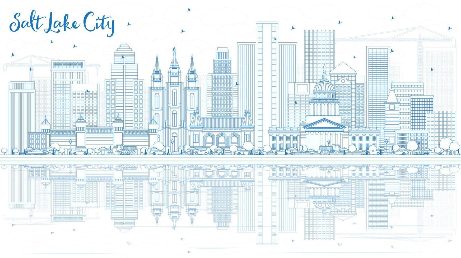 Outline Salt Lake City Skyline with Blue Buildings and Reflections. vector