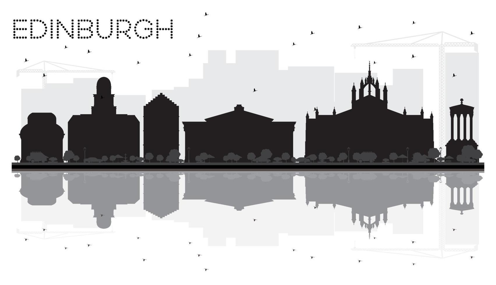 Edinburgh City skyline black and white silhouette with reflections. vector
