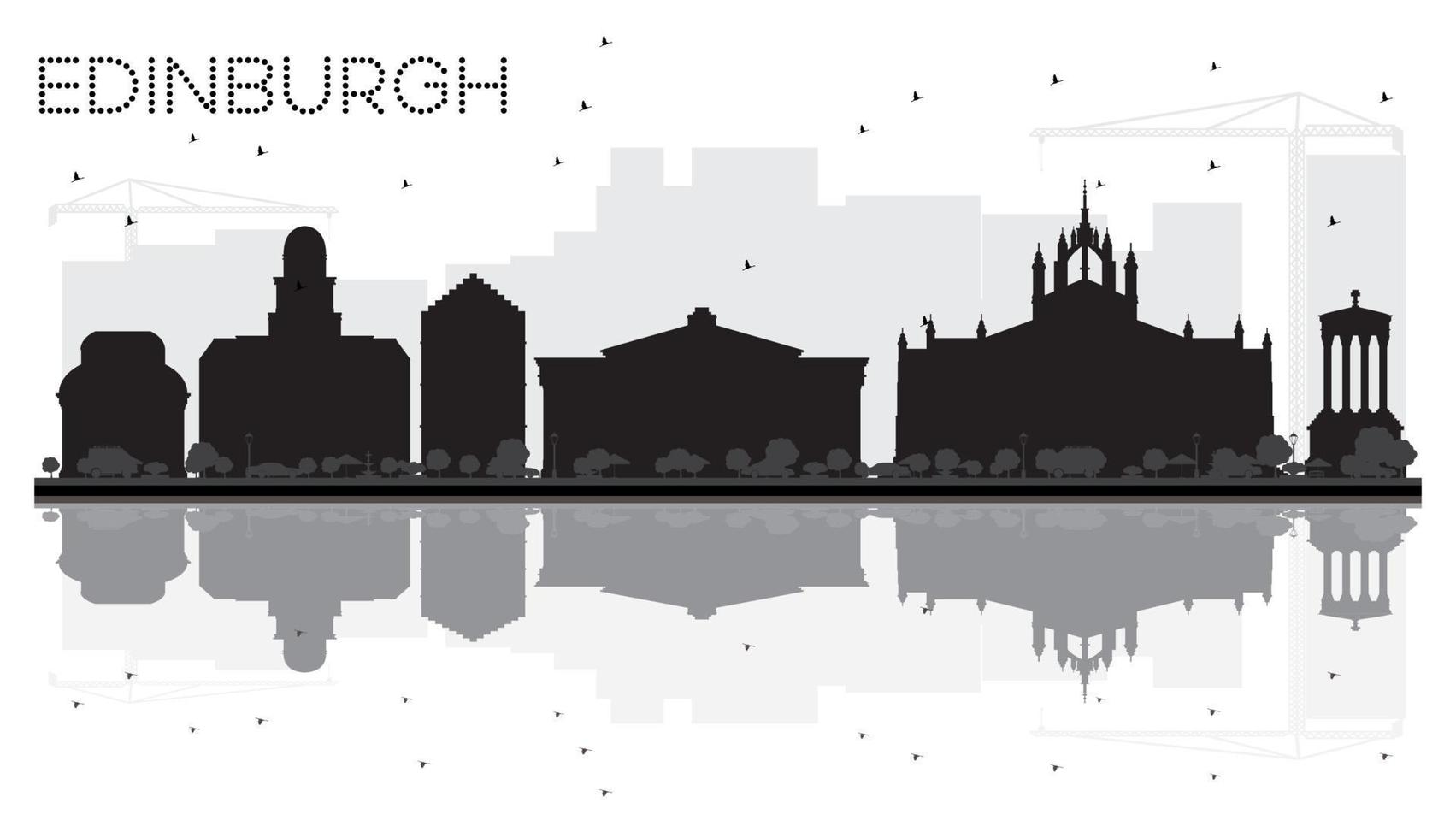 Silueta en blanco y negro del horizonte de la ciudad de Edimburgo con reflejos. vector