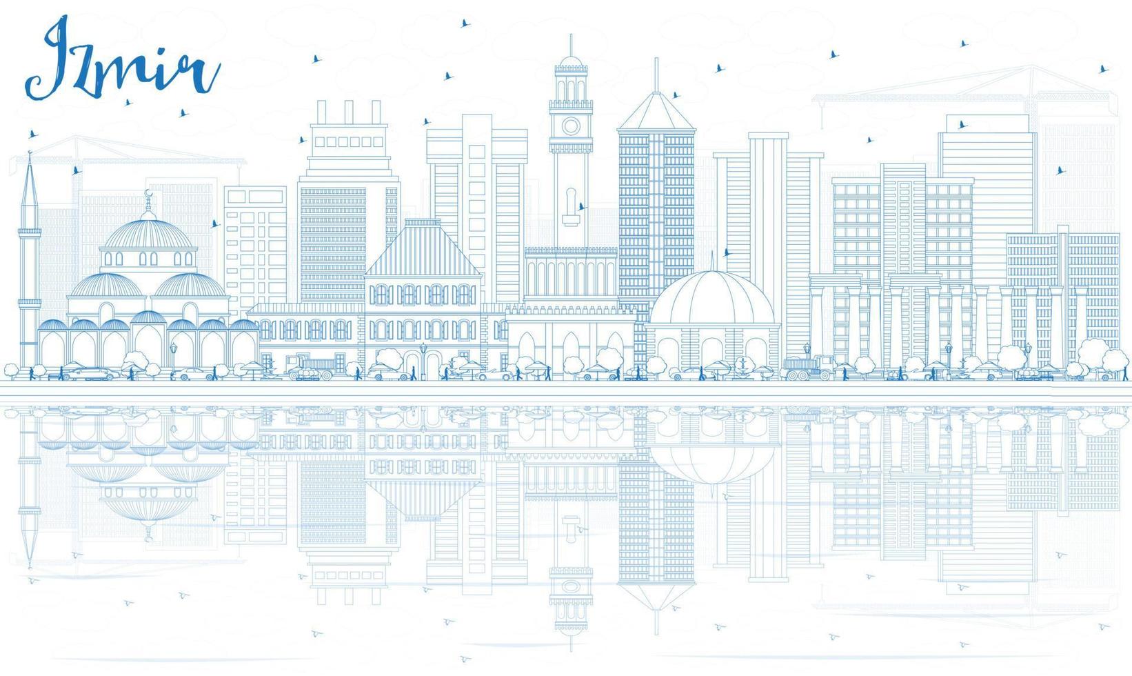 Outline Izmir Skyline with Blue Buildings and Reflections. vector